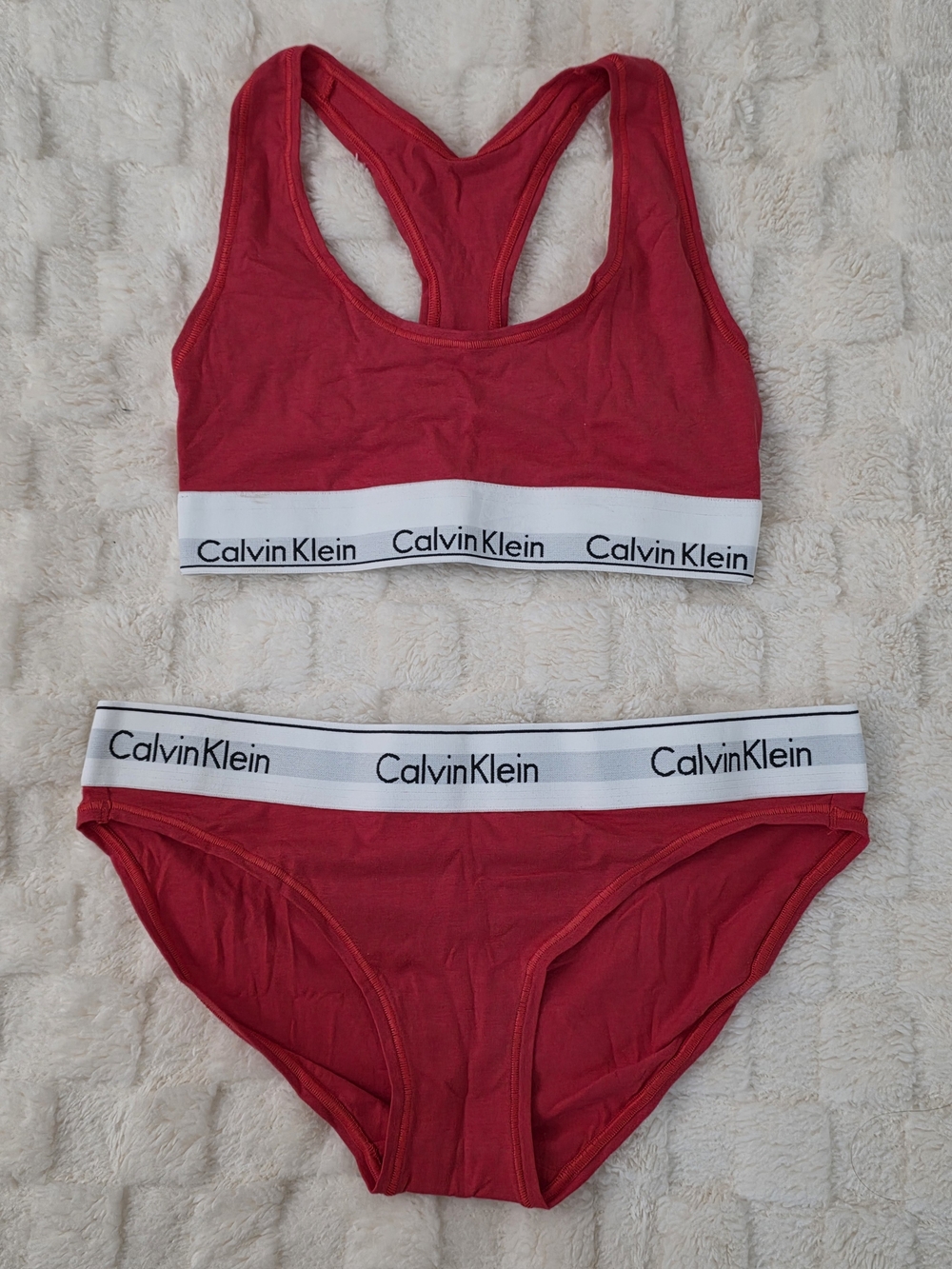 CALVIN KLEIN MODERN COTTON BRALETTE (XS) + BIKINI (S) MATCHING SET IN RED NWOT